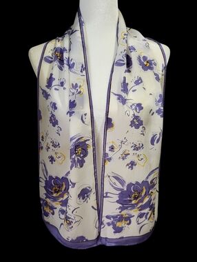 Vtg The Specialty House Scarf Purple White Floral 100% Silk Japan 10"W x 57"L